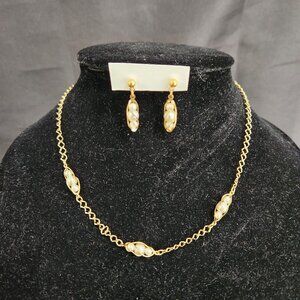 1980's Avon Jewelry Set Gold Tone Caged Faux Pearl Necklace Matching Earrings